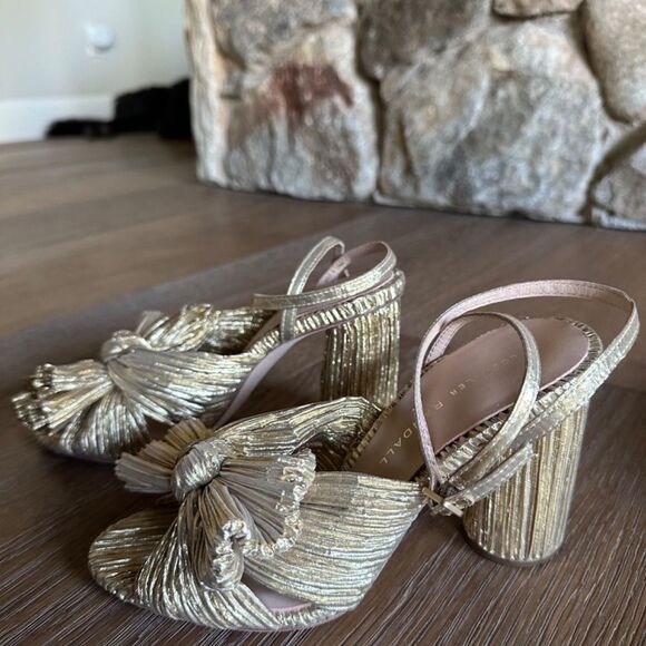 LOEFFLER RANDALL Camellia Gold Pleated Bow Heel With Ankle Strap - Picture 5 of 9